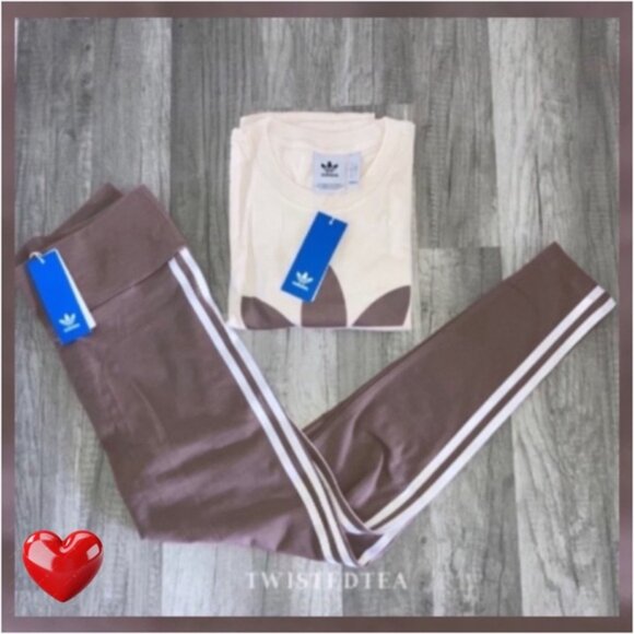 NWT 2 pc adidas originals tshirt and leggings matching set in cream and brown L - Picture 2 of 5